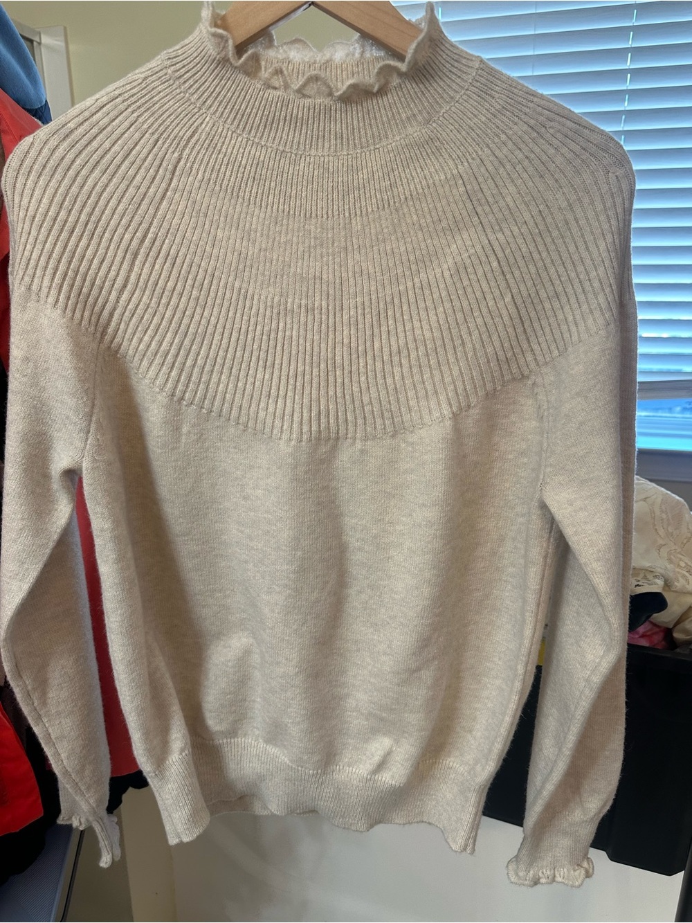 Ann Taylor Cream Ribbed Yoke Mock Neck Sweater